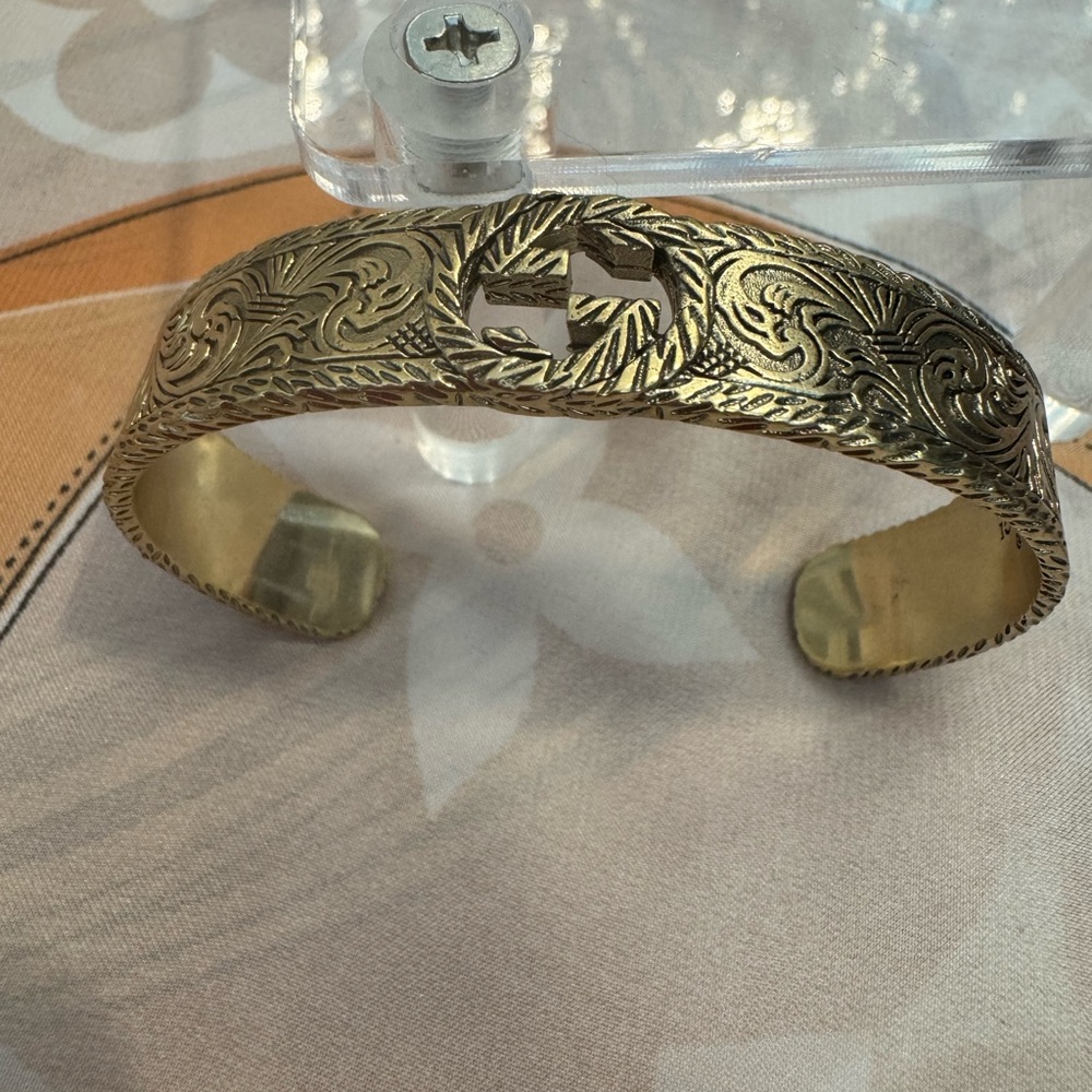 Gucci Marmont GG Gold Engraved Cuff Bracelet